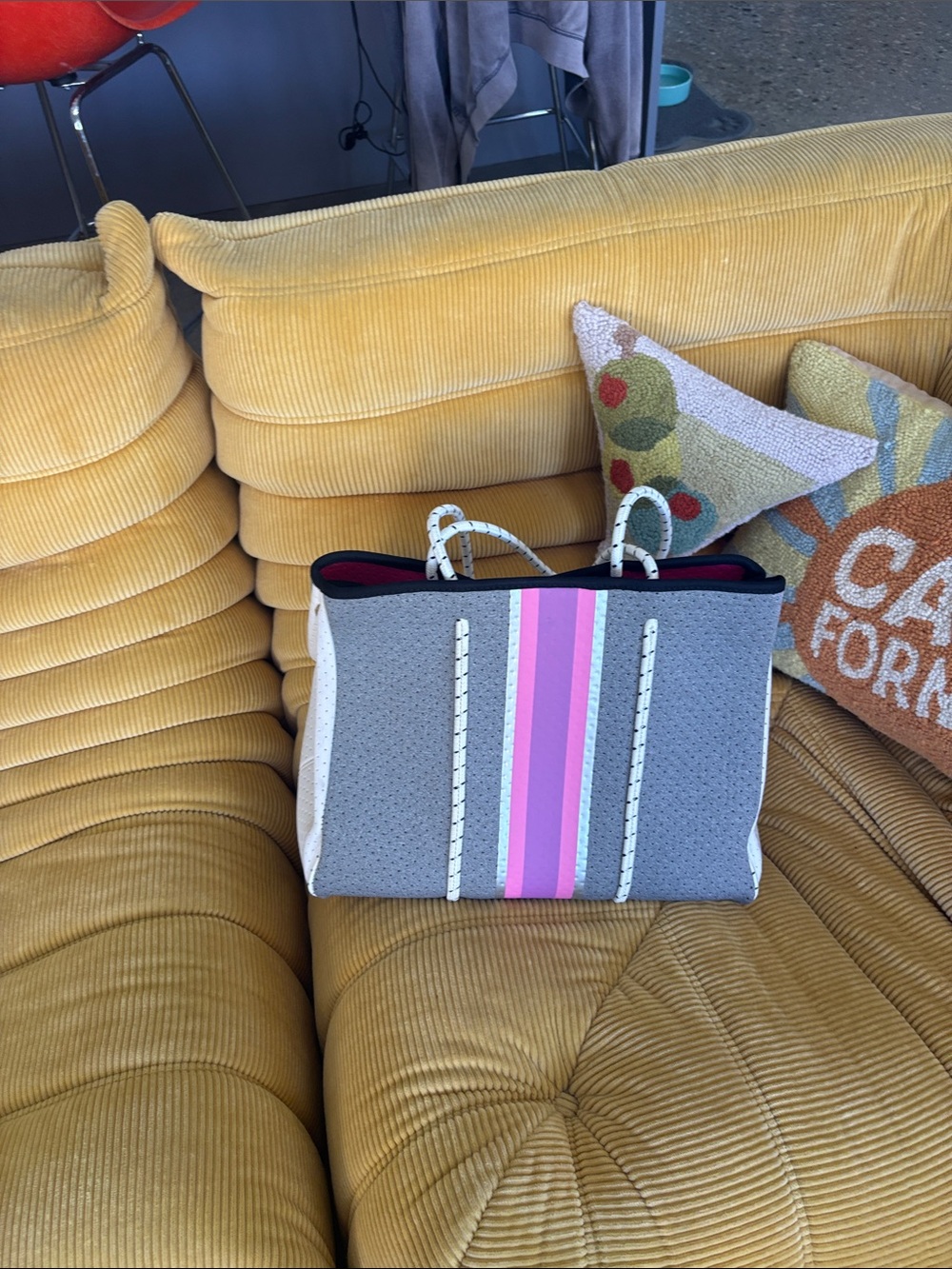 Gray Neoprene Tote with Pink Stripe Accent - Womens Bag